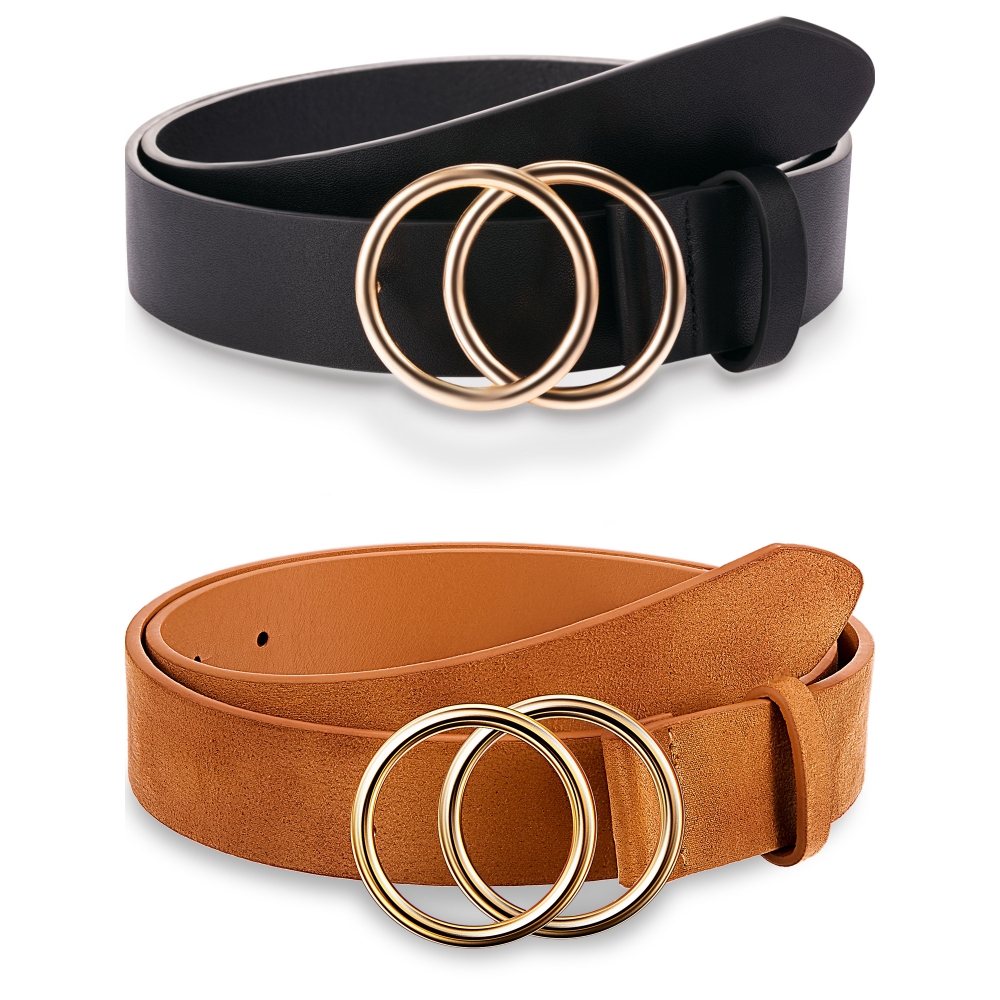2 Pieces Women Leather Belt Faux Leather Waist Belts with Double ORing Buckle (Black and Khaki, M)