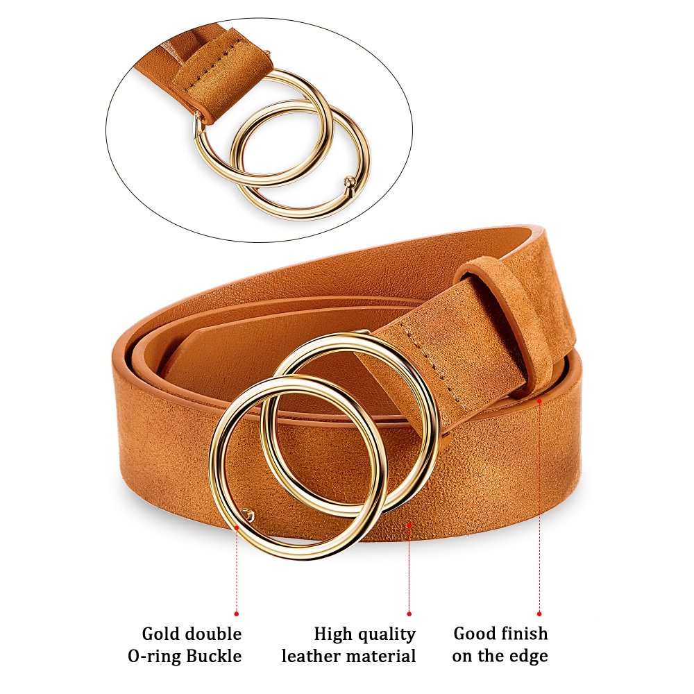 2 Pieces Women Leather Belt Faux Leather Waist Belts with Double ORing Buckle (Black and Khaki, M)