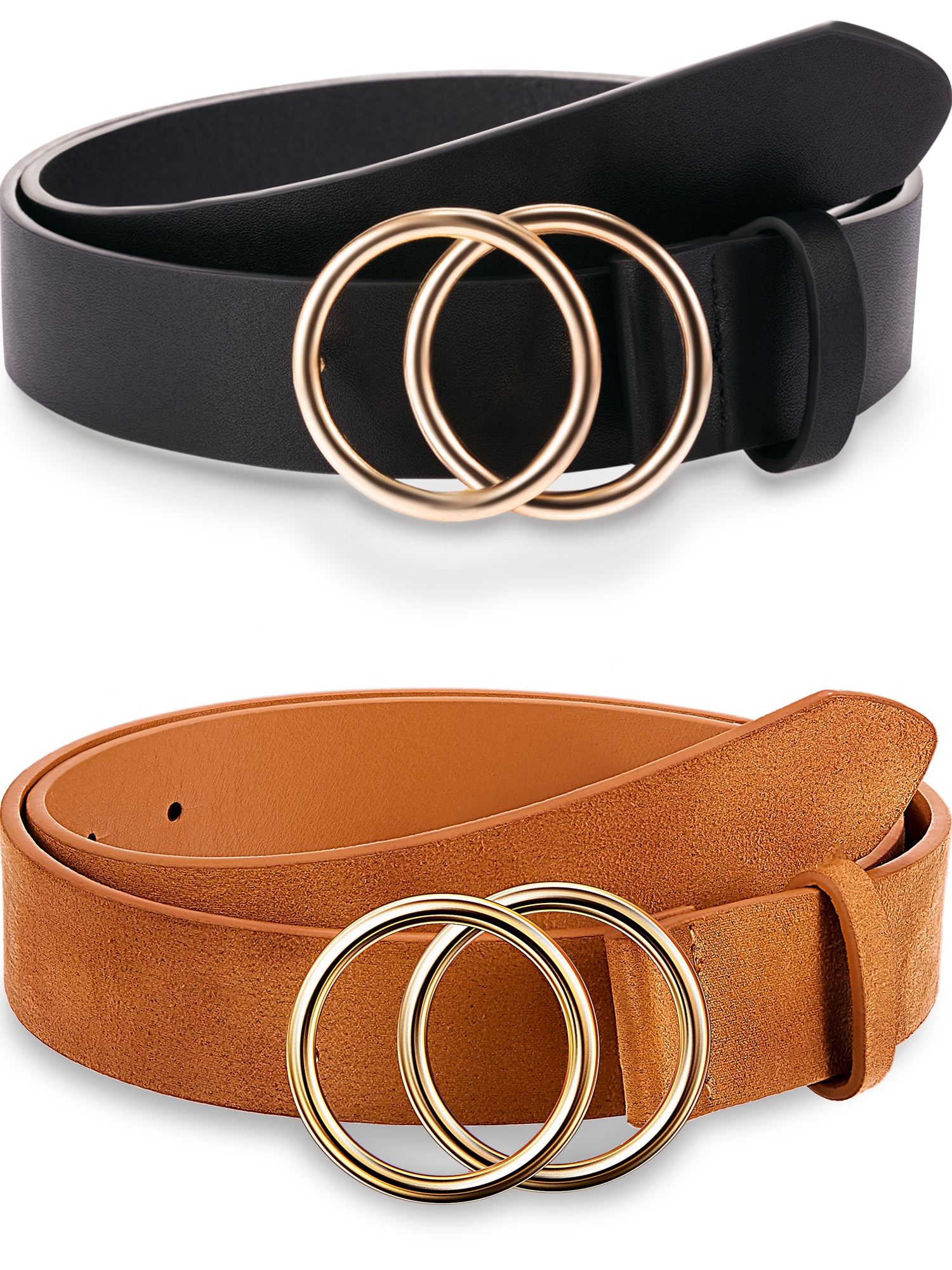 2 Pieces Women Leather Belt Faux Leather Waist Belts with Double ORing
